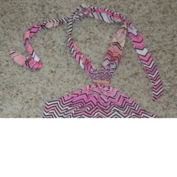 Womens Halter Top Jennifer Lopez Small Pink Zig Zag Satiny Stretch Gold Accents - Picture 3 of 5